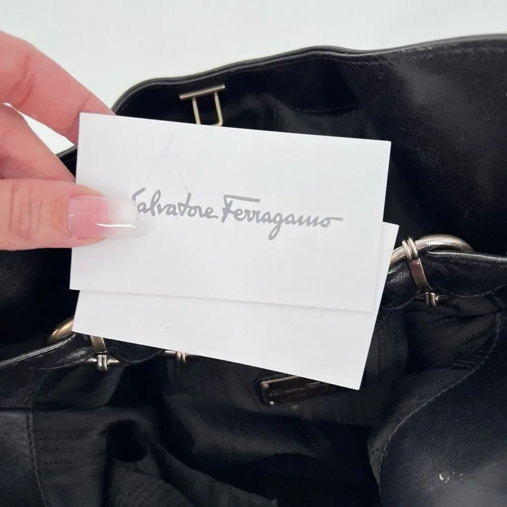Salvatore Ferragamo Shoulder Bag Leather Black Security Clasp Calf Leather Hobo - Picture 14 of 16